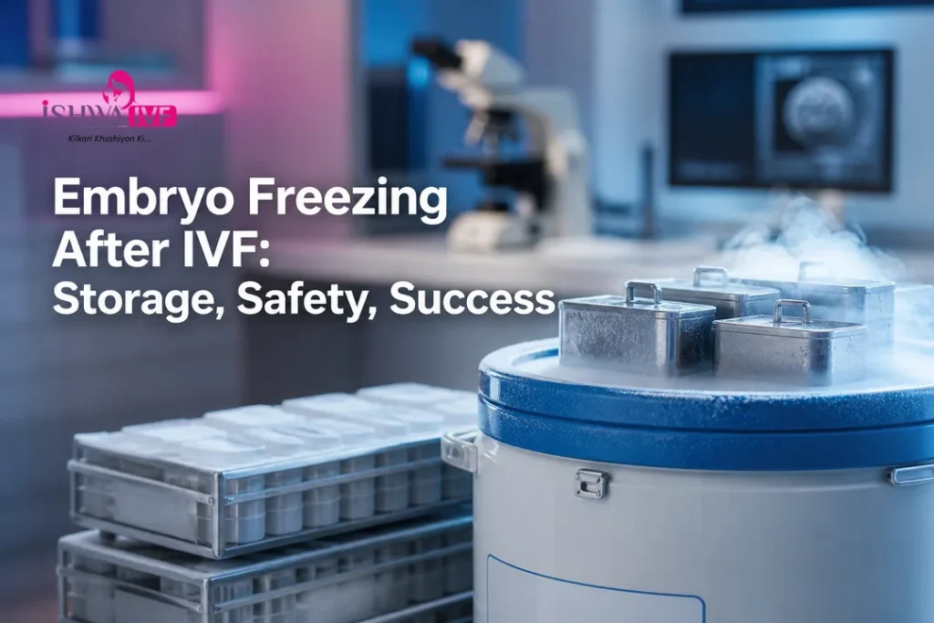 Cryogenic IVF lab storage tank representing Embryo Freezing After IVF with secure long-term preservation.