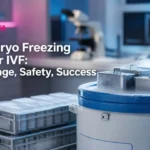 Cryogenic IVF lab storage tank representing Embryo Freezing After IVF with secure long-term preservation.