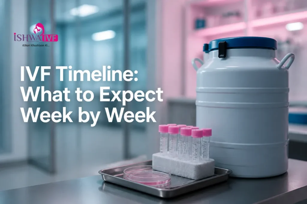 Modern fertility laboratory setup illustrating an IVF Timeline with cryostorage canister and lab tools.