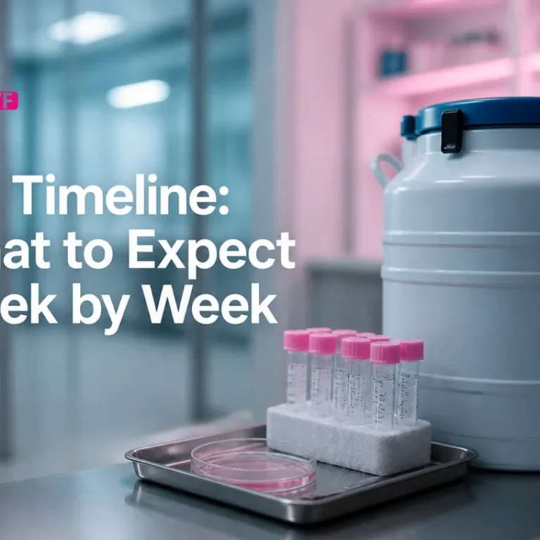 Modern fertility laboratory setup illustrating an IVF Timeline with cryostorage canister and lab tools.